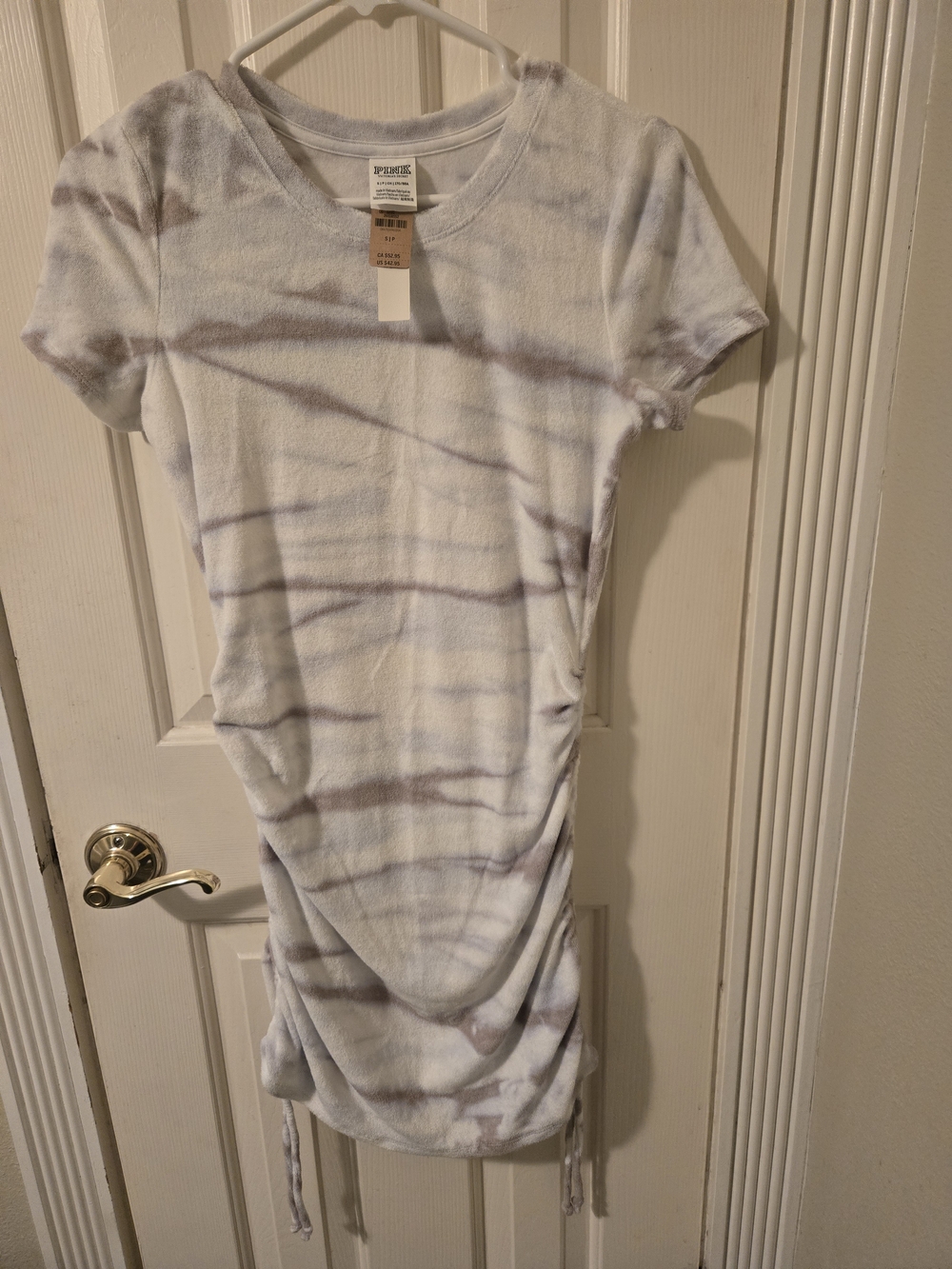 Short Sleeve Tie-Dye Ruched T-Shirt Dress - White & Gray